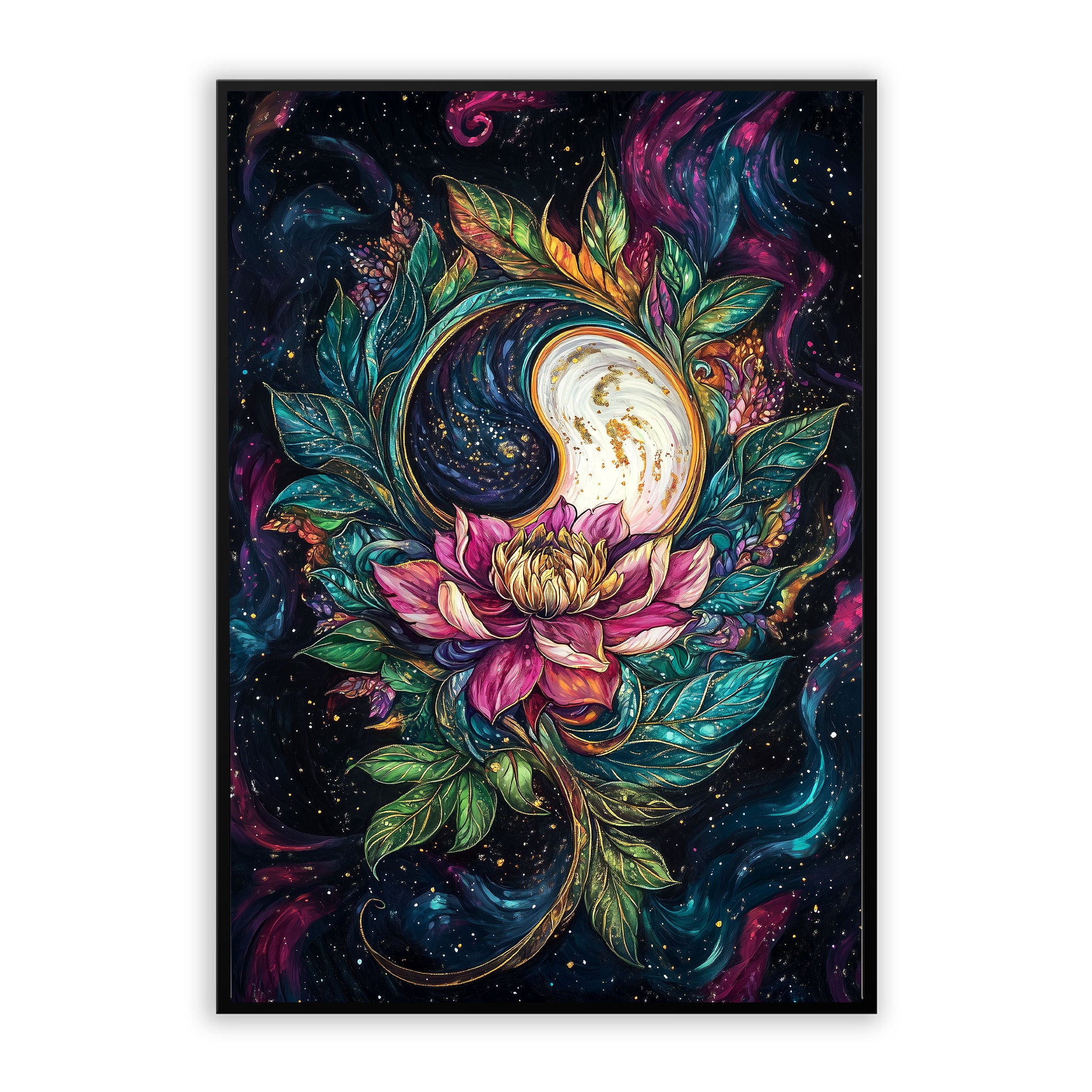 Moon Wall Art Yin & Yang Botanical Poster Colorful artwork of a yin yang symbol with floral elements against a starry night sky.