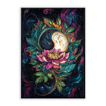 Moon Wall Art Yin & Yang Botanical Poster Colorful artwork of a yin yang symbol with floral elements against a starry night sky.