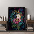 Moon Wall Art Yin & Yang Botanical Poster Framed artwork with a colorful design of flowers and moon on a wall in a room with shelves and decor.