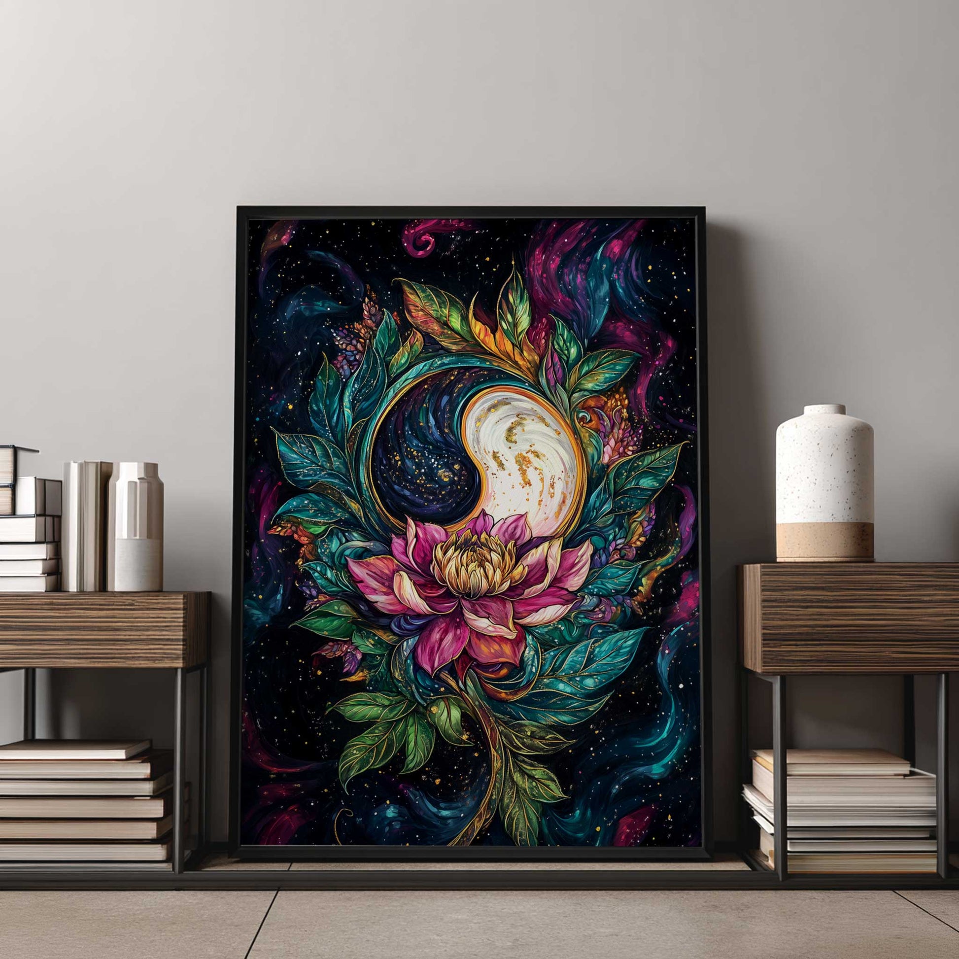 Moon Wall Art Yin & Yang Botanical Poster Framed artwork with a colorful design of flowers and moon on a wall in a room with shelves and decor.