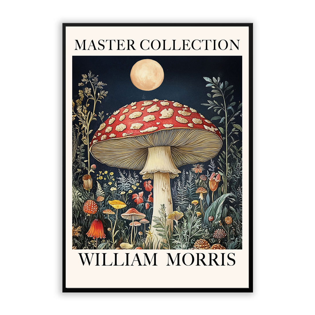 William Morris Moonlit Mushroom Print featuring a woodland mushroom, moon, wildflowers and botanical foliage inspired by Victorian design and vintage decorative art.