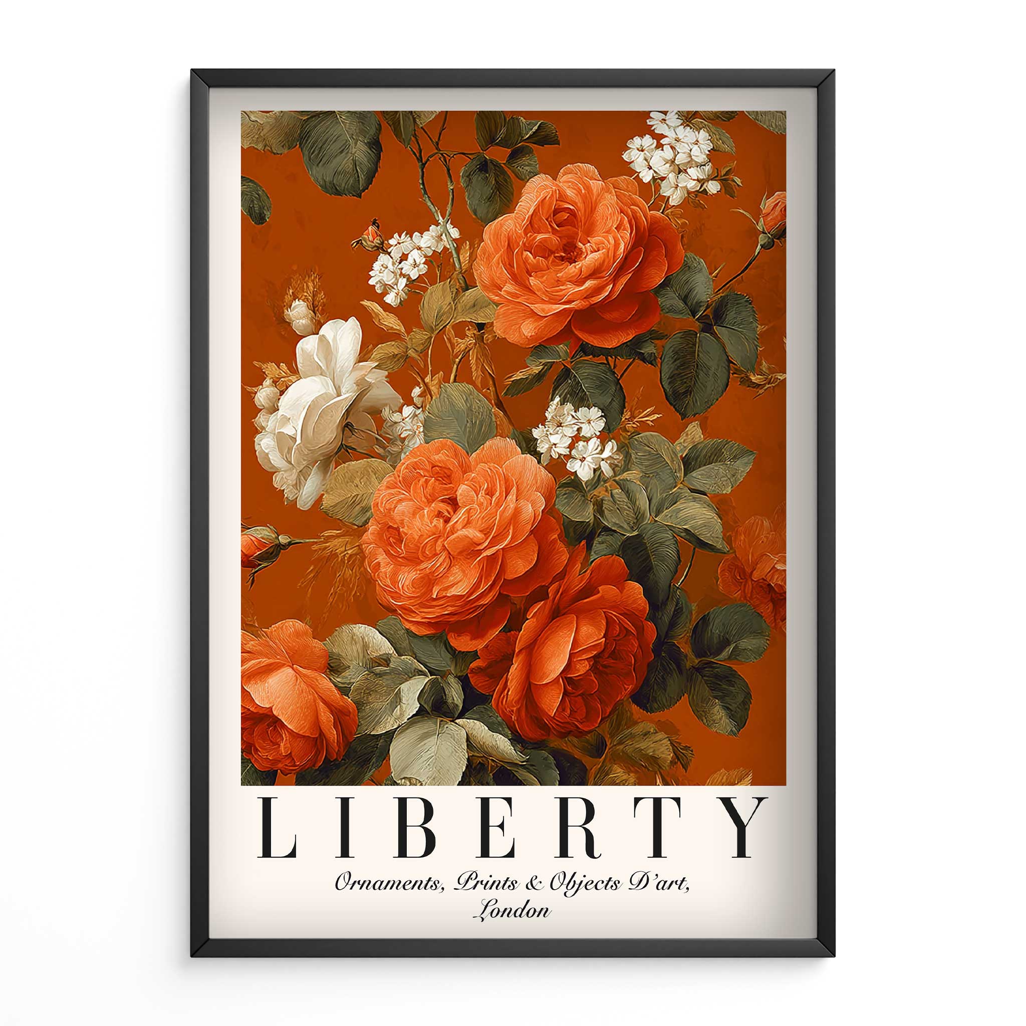 Orange Floral Print Liberty London Style Vintage Flower Wall Art. Stylish Art For Modern Homes And HouseWarming Or new Home Gifts