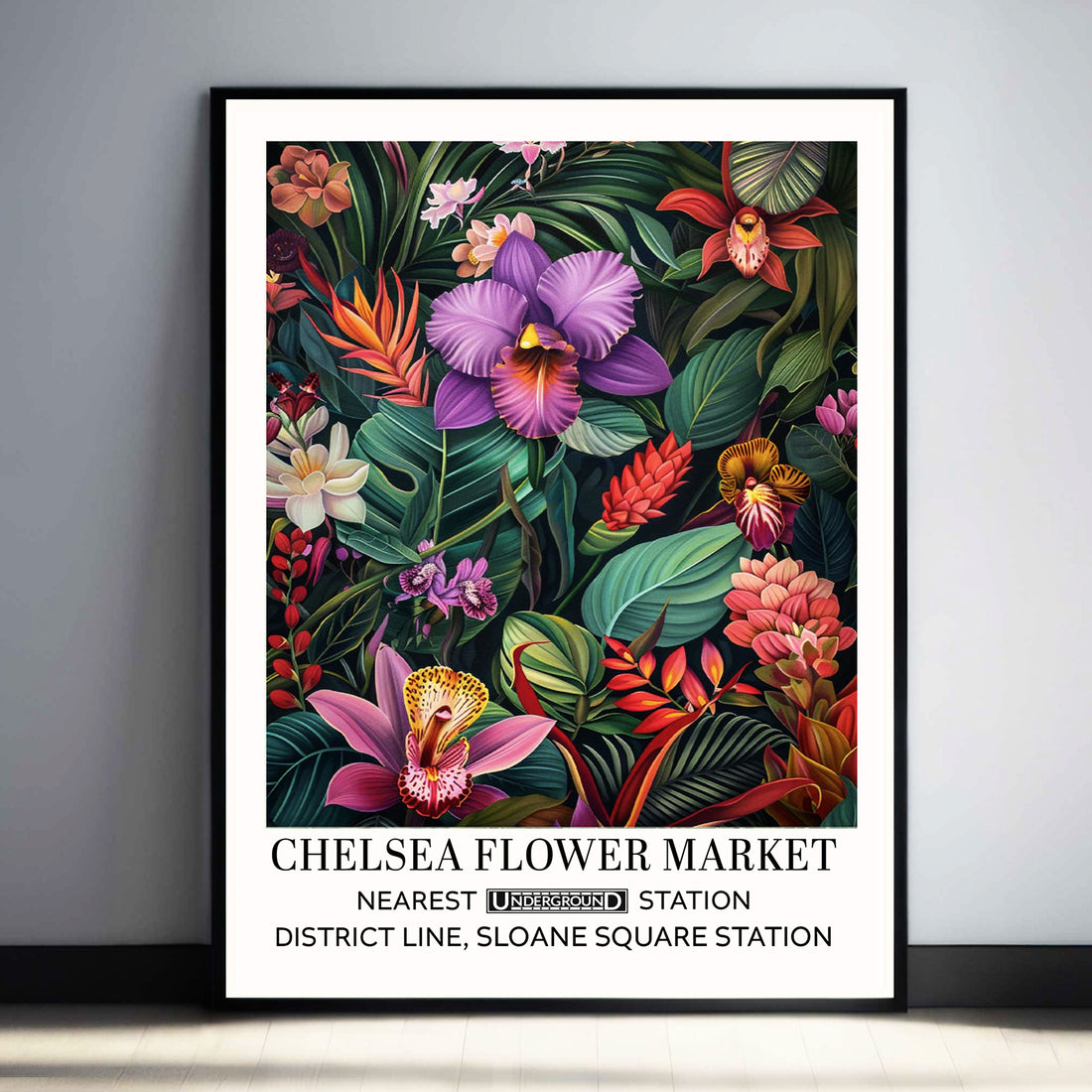 Orchid Floral Wall Art Print featuring purple orchid flowers illustrated in a vintage poster-style design inspired by London Flower Markets.