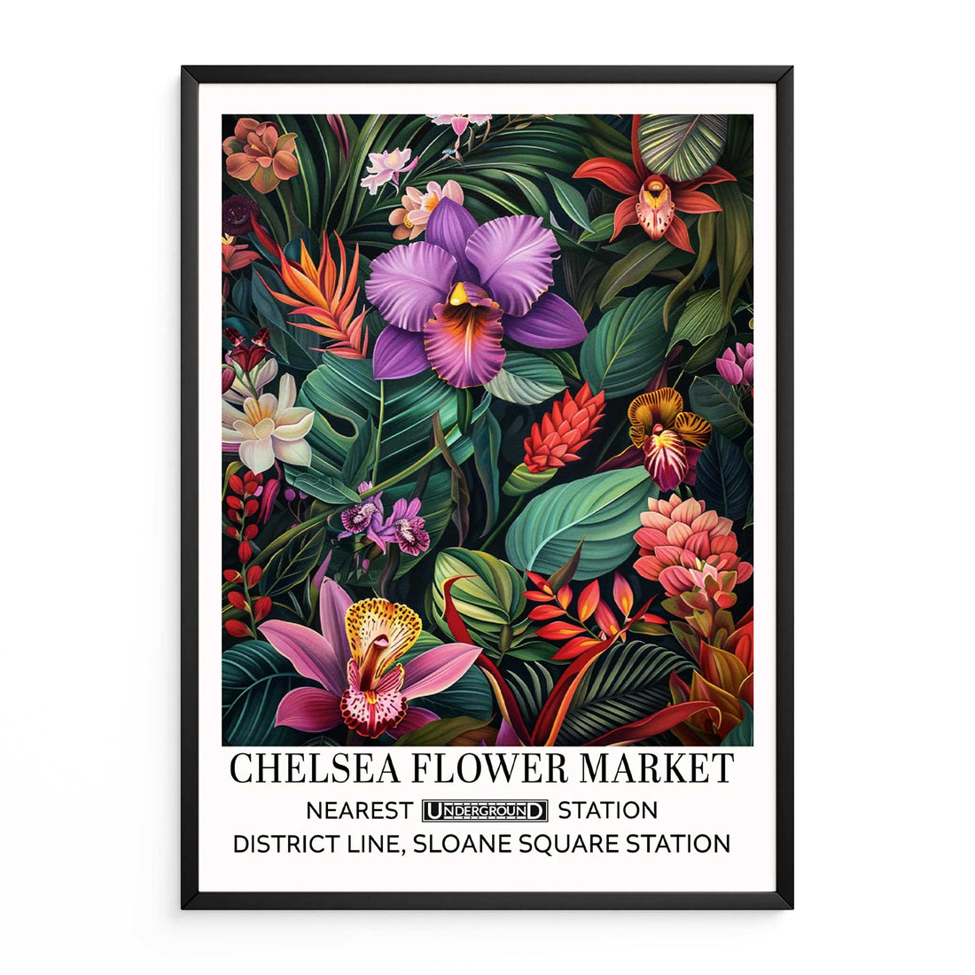 Orchid Floral Wall Art Print featuring purple orchid flowers illustrated in a vintage poster-style design inspired by London Flower Markets.