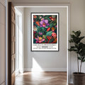 Orchid Floral Wall Art Print featuring purple orchid flowers illustrated in a vintage poster-style design inspired by London Flower Markets.