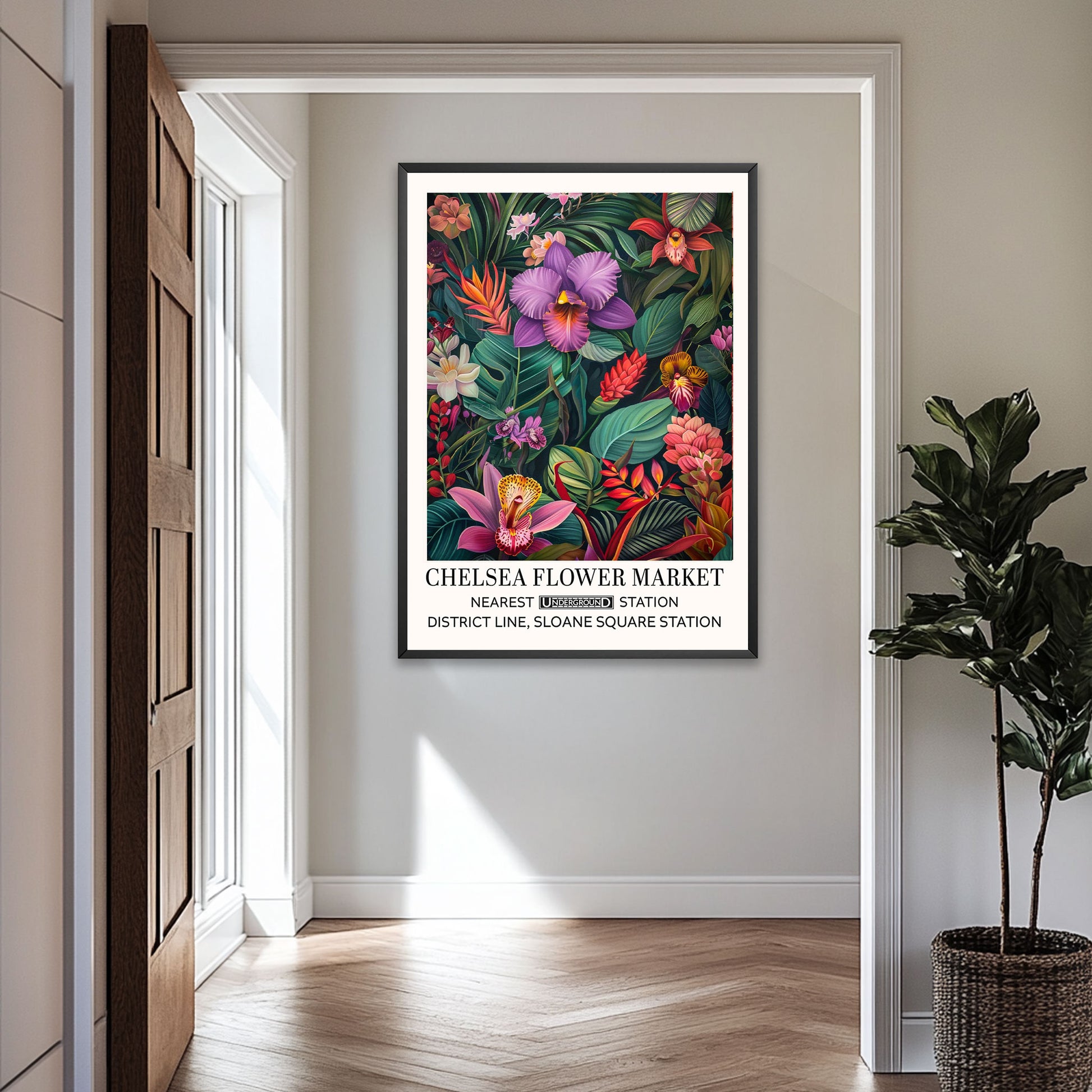 Orchid Floral Wall Art Print featuring purple orchid flowers illustrated in a vintage poster-style design inspired by London Flower Markets.