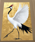 white crane wall art, red crowned crane art, Japanese crane wall art, Asian inspired crane art, gold bird wall art, luxury gold wall art, large crane wall art.