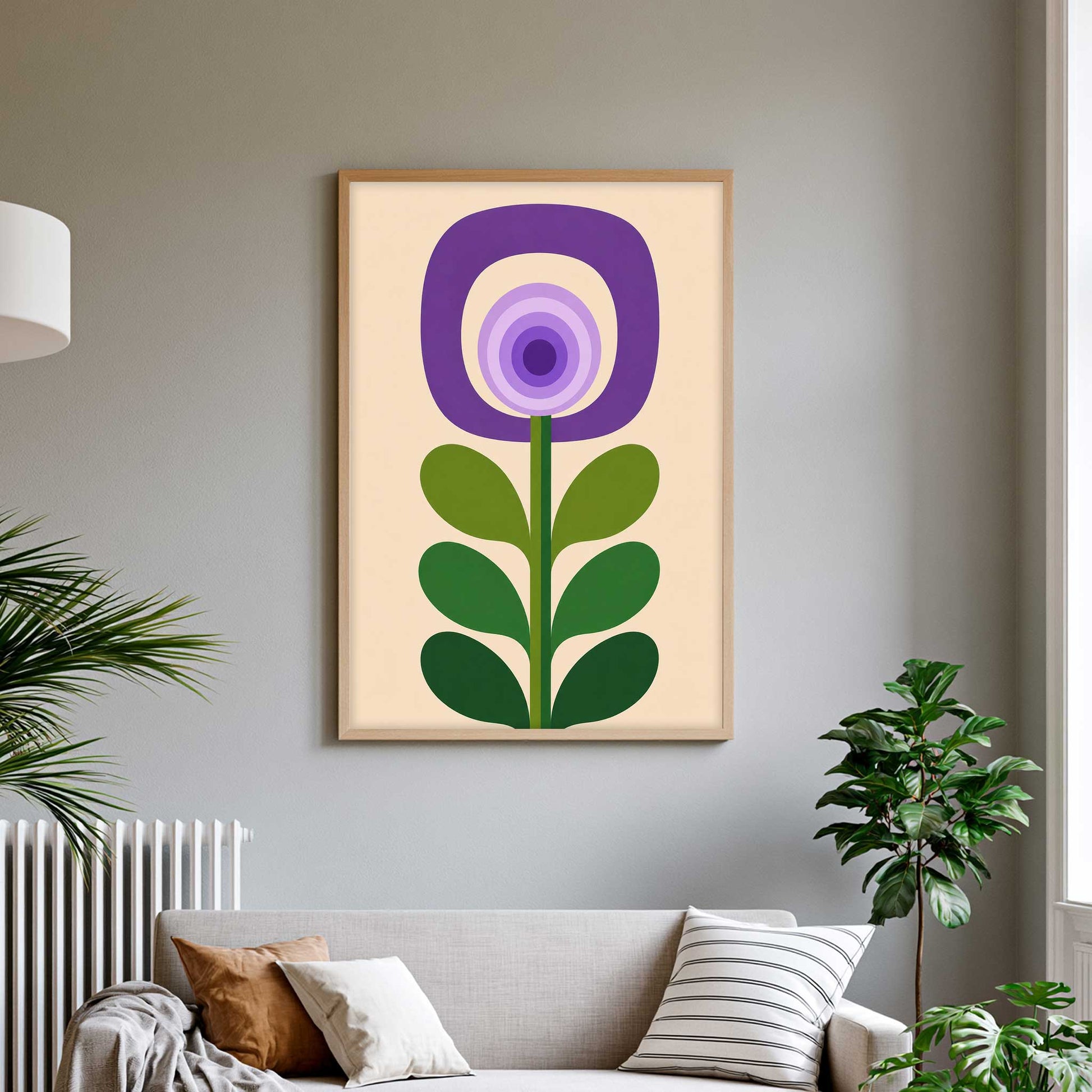  mid-century modern style flower with concentric purple and lavender circles on a beige background, with green leaves and stems 
