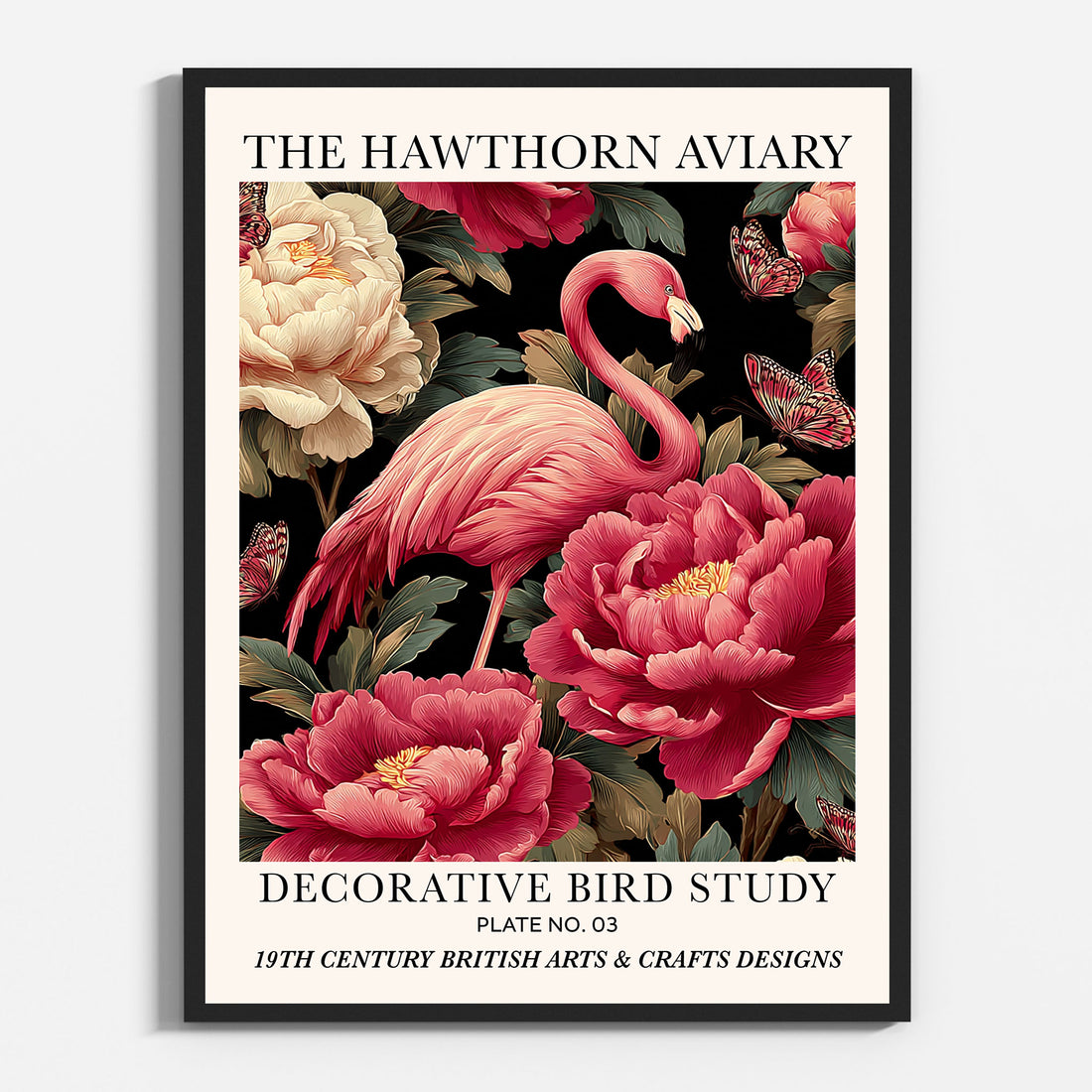 Pink Flamingo Bird Wall Art Print: 19th-century-inspired wall art print featuring a decorative bird motif surrounded by floral elements.