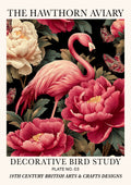 Pink Flamingo Bird Wall Art Print: 19th-century-inspired wall art print featuring a decorative bird motif surrounded by floral elements.