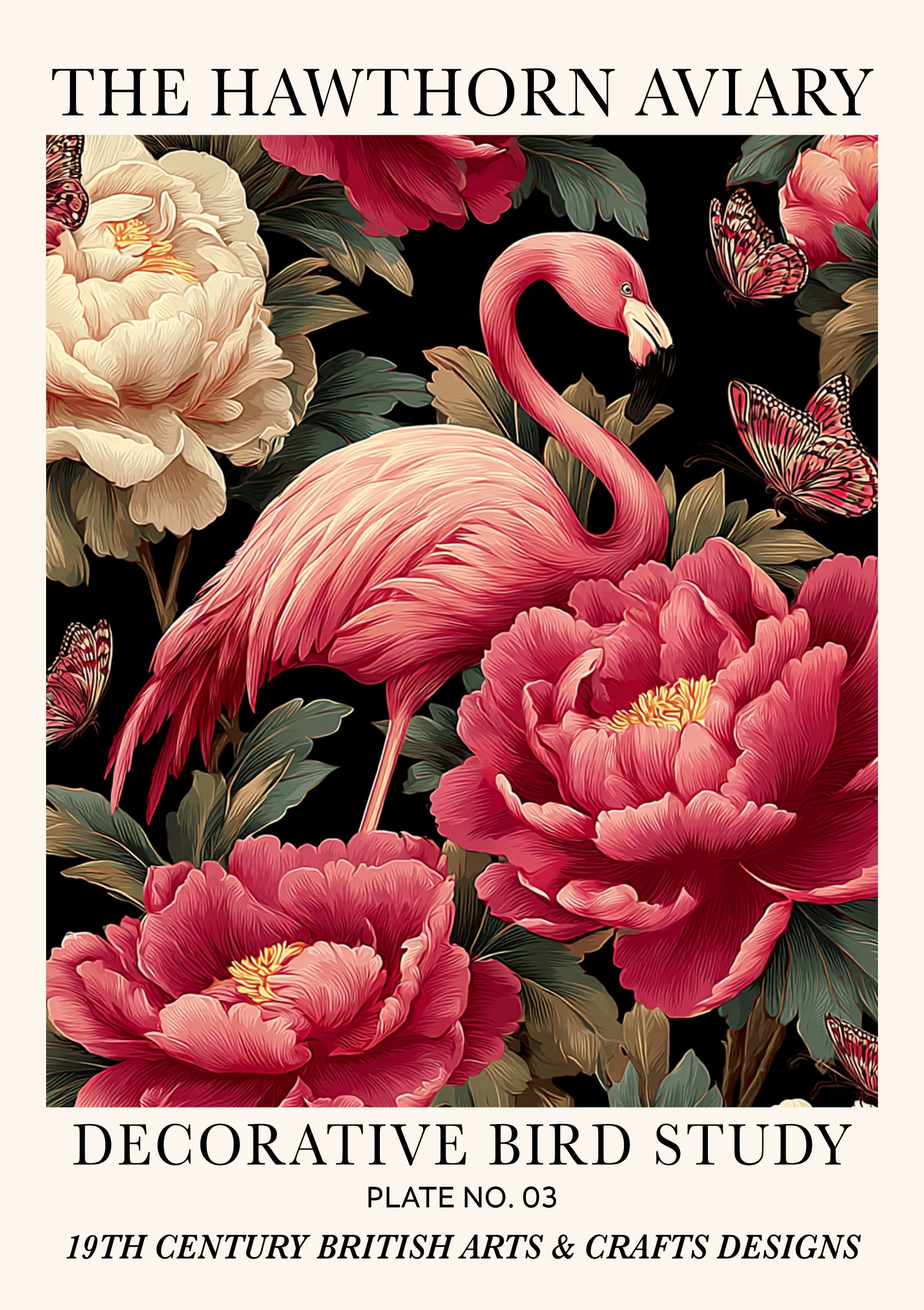 Pink Flamingo Bird Wall Art Print: 19th-century-inspired wall art print featuring a decorative bird motif surrounded by floral elements.