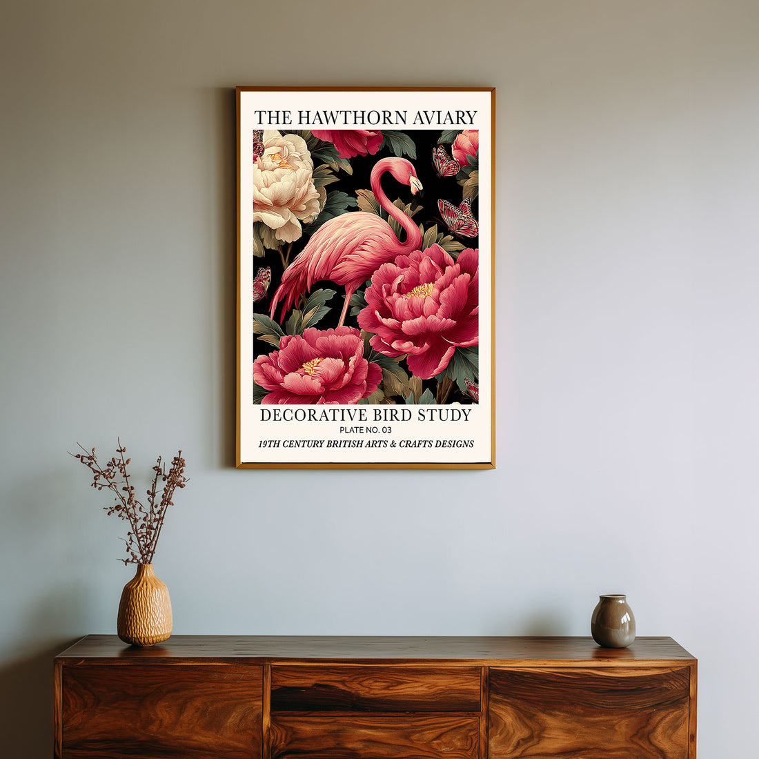 Pink Flamingo Bird &nbsp;Wall Art Print: 19th-century-inspired wall art print featuring a decorative bird motif surrounded by floral elements