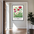 Poppy Field Floral Wall Art featuring red, pink, and cream poppy flowers illustrated in a vintage poster-style design inspired by English countryside