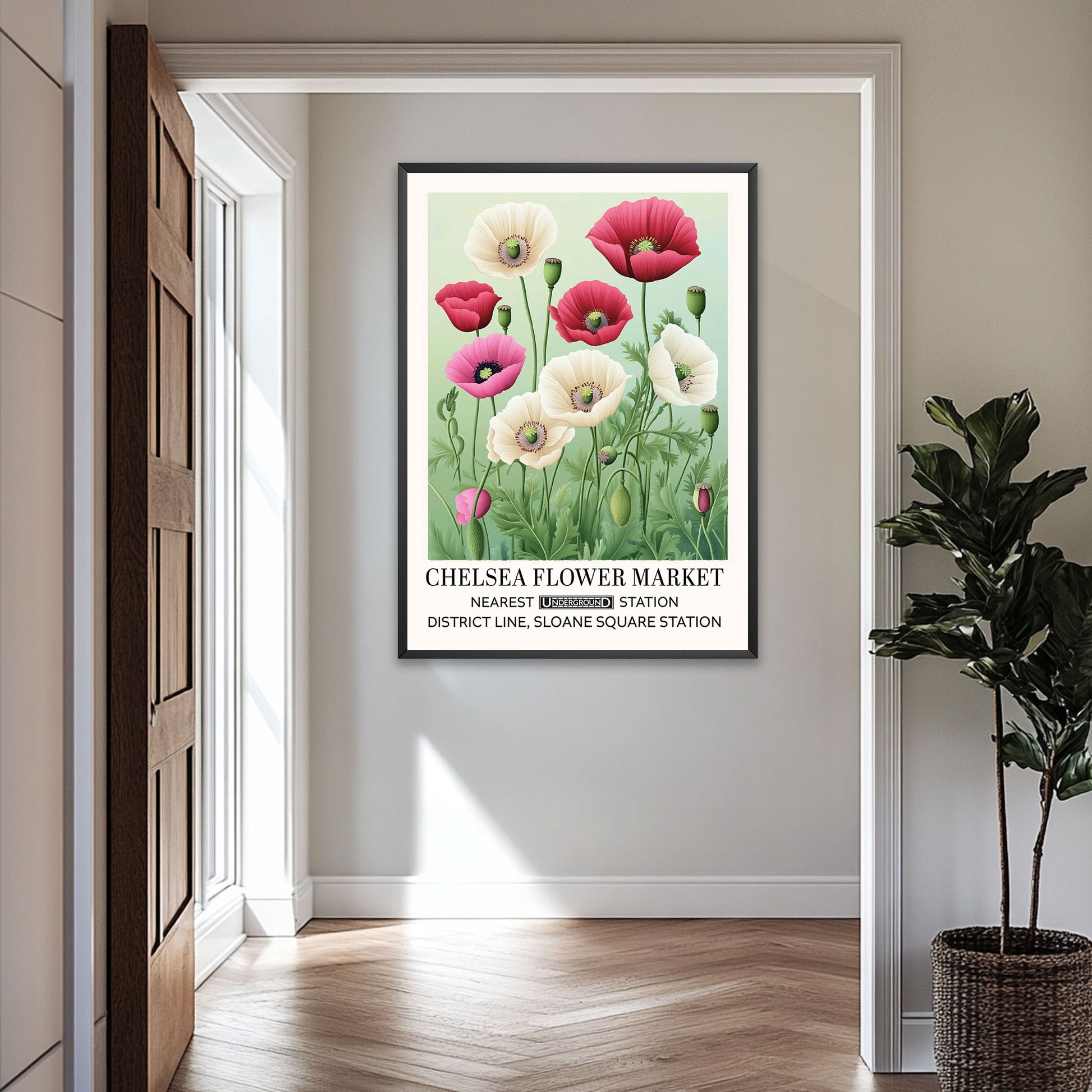 Poppy Field Floral Wall Art featuring red, pink, and cream poppy flowers illustrated in a vintage poster-style design inspired by English countryside