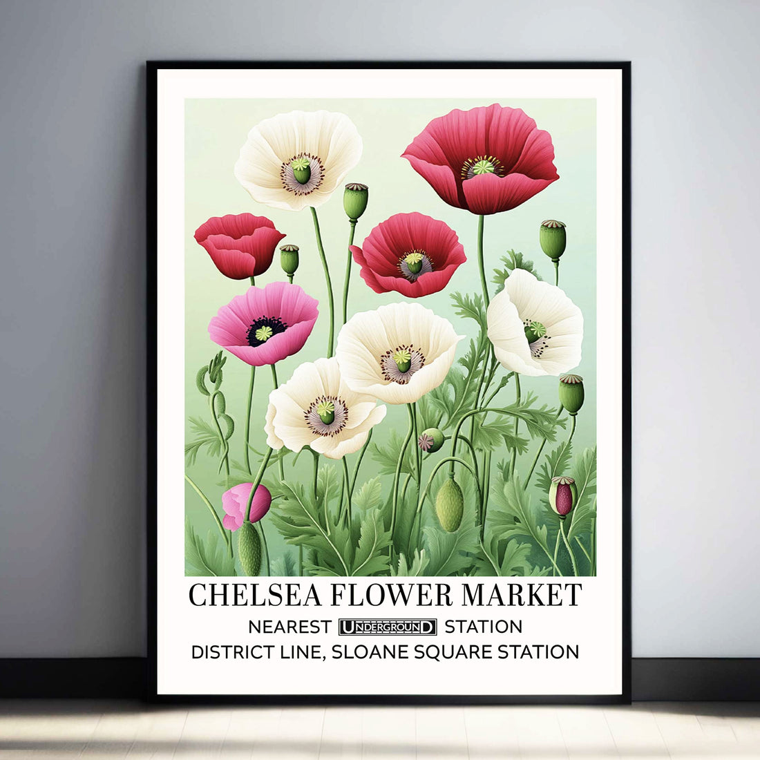 Poppy Field Floral Wall Art featuring red, pink, and cream poppy flowers illustrated in a vintage poster-style design inspired by English countryside