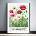 Poppy Field Floral Wall Art featuring red, pink, and cream poppy flowers illustrated in a vintage poster-style design inspired by the English countryside