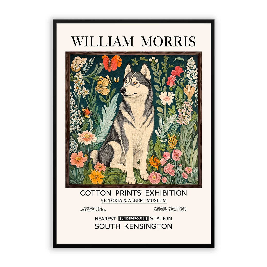 William Morris Siberian Husky Wall Art featuring a striking Siberian Husky surrounded by botanical flowers, wildflowers and decorative foliage inspired by Victorian textile design