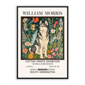 William Morris Siberian Husky Wall Art featuring a striking Siberian Husky surrounded by botanical flowers, wildflowers and decorative foliage inspired by Victorian textile design