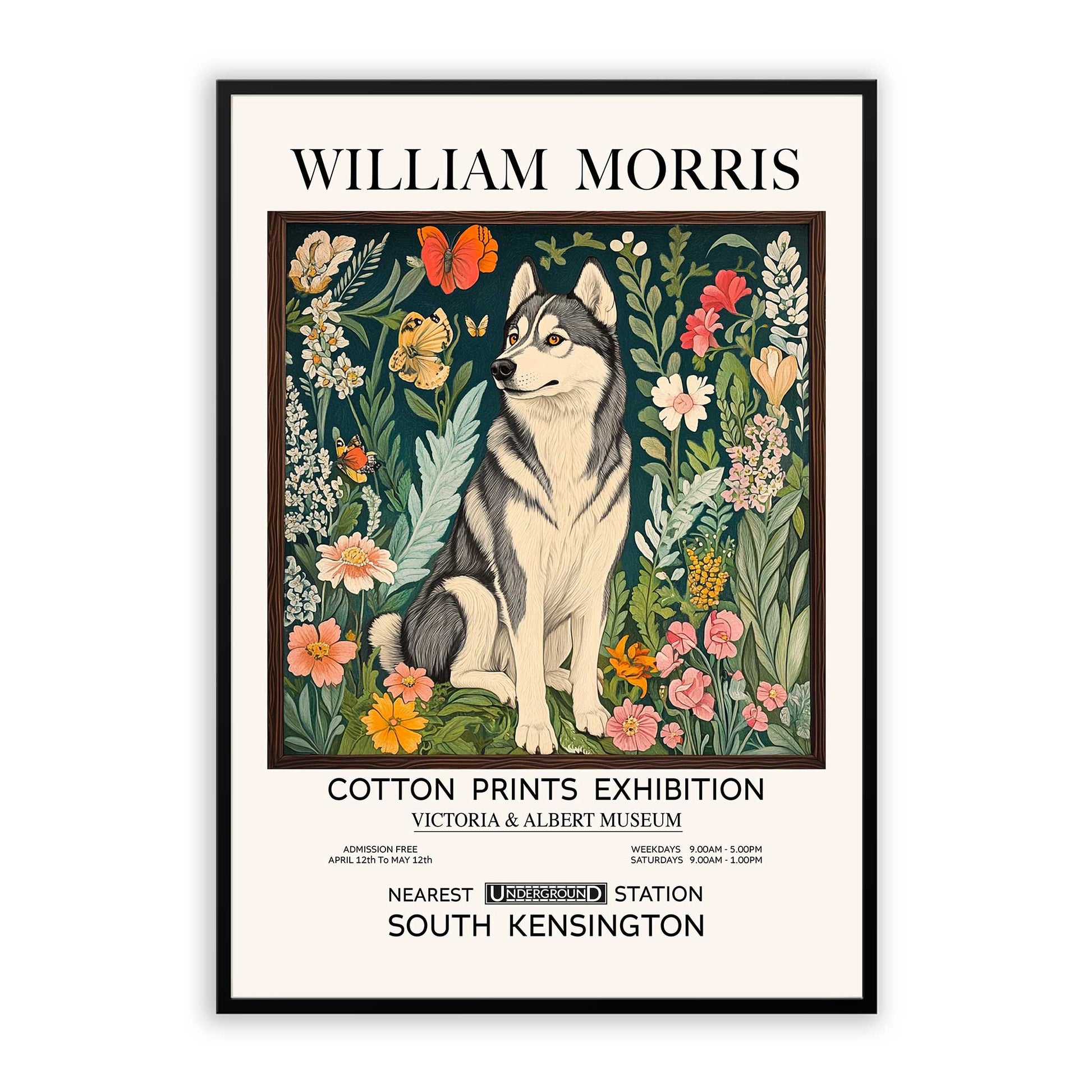 William Morris Siberian Husky Wall Art featuring a striking Siberian Husky surrounded by botanical flowers, wildflowers and decorative foliage inspired by Victorian textile design