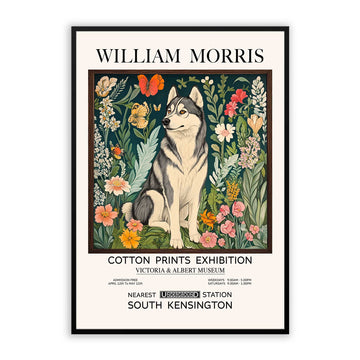 William Morris Siberian Husky Wall Art featuring a striking Siberian Husky surrounded by botanical flowers, wildflowers and decorative foliage inspired by Victorian textile design