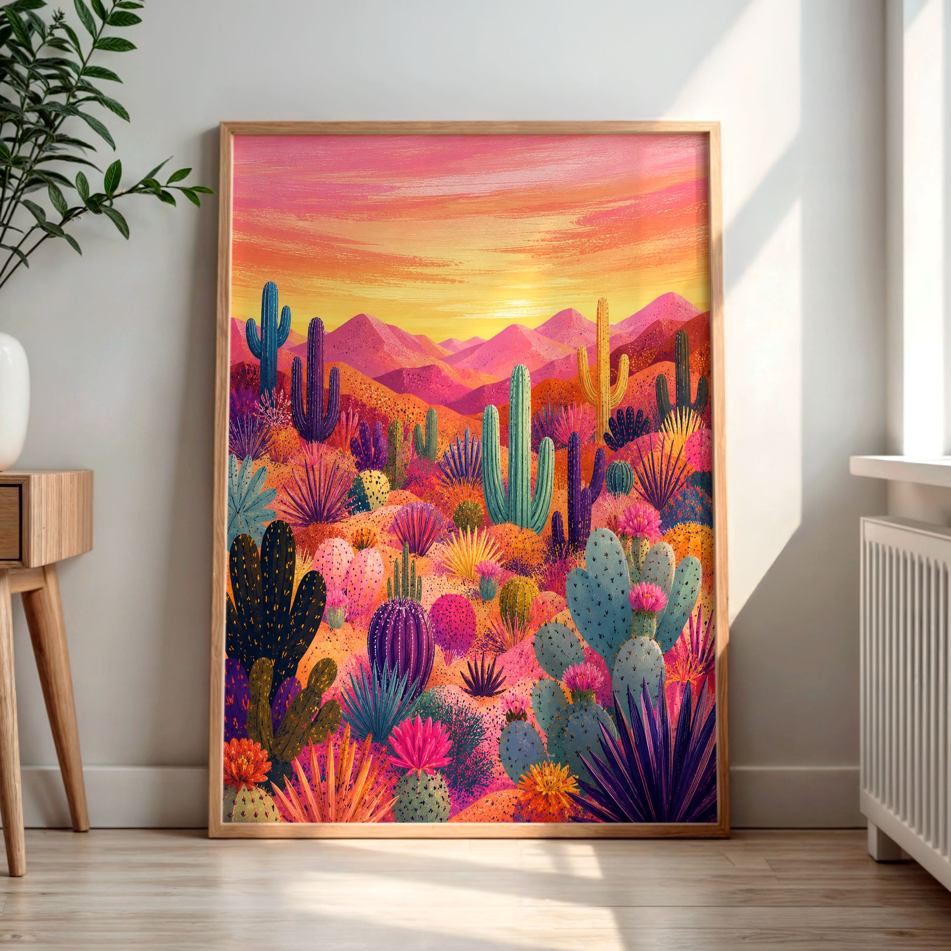 Colorful Arizona Desert Wall Art featuring vibrant cactus plants, desert wildflowers and rolling Southwest landscapes