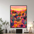 Colourful Roadrunner print with cactus plants, desert flowers and vibrant Arizona landscape in Southwest style.