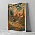 Roadrunner print in a Southwest desert landscape with saguaro cacti, Arizona wildlife wall art and Sonoran Desert decor.