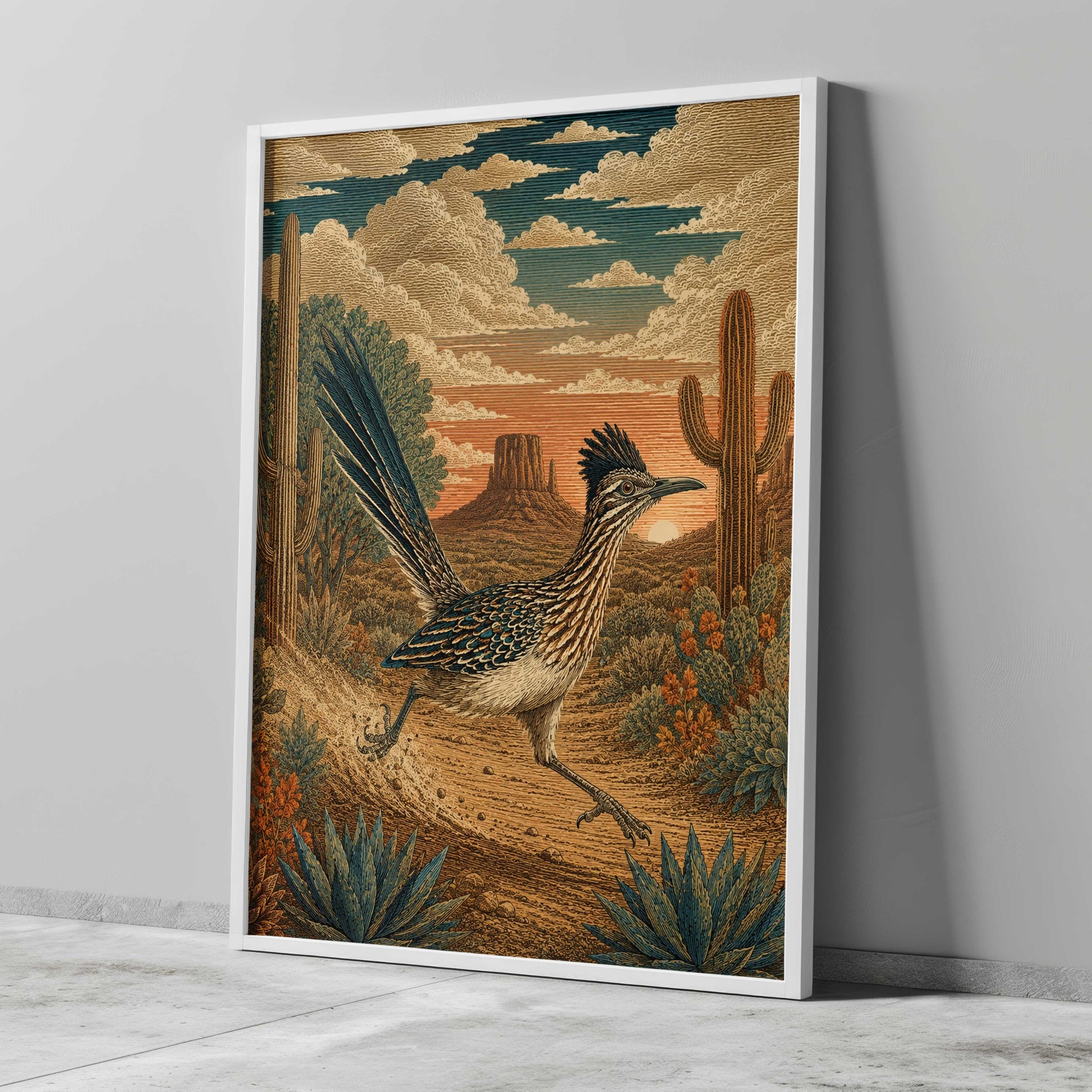 Roadrunner print in a Southwest desert landscape with saguaro cacti, Arizona wildlife wall art and Sonoran Desert decor.
