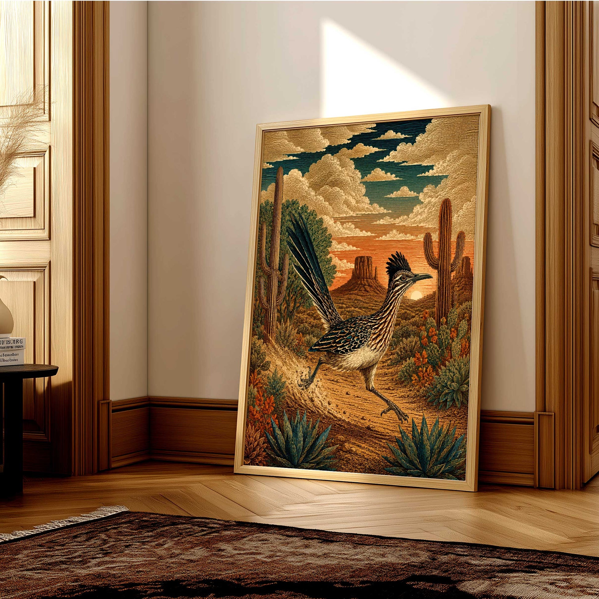 Roadrunner print in a Southwest desert landscape with saguaro cacti, Arizona wildlife wall art and Sonoran Desert decor.