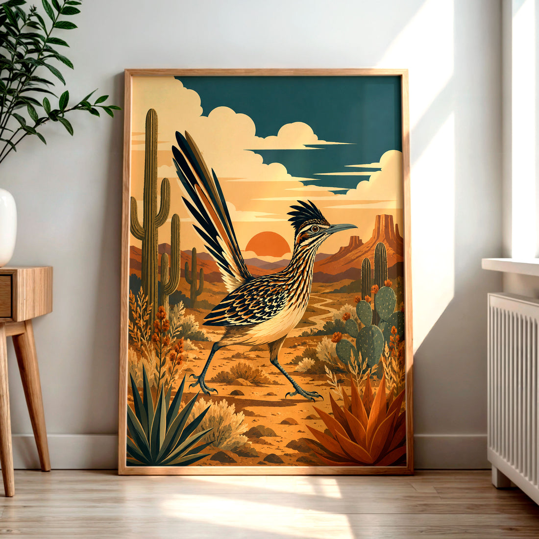 A mid-century modern graphic art print of a Greater Roadrunner bird running through a Southwest desert landscape with saguaro cacti, flat-topped mesas, and a warm terracotta sun.