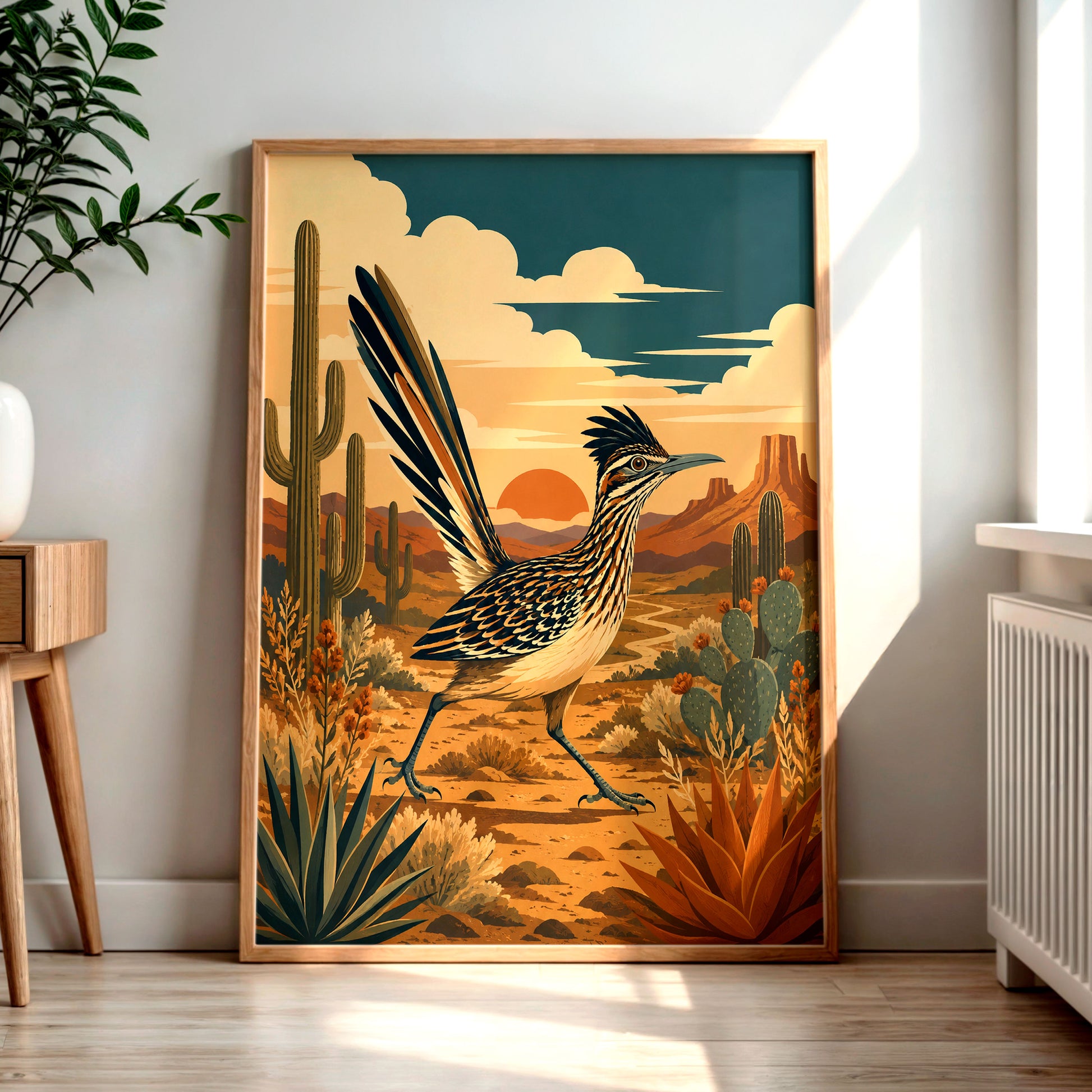 A mid-century modern graphic art print of a Greater Roadrunner bird running through a Southwest desert landscape with saguaro cacti, flat-topped mesas, and a warm terracotta sun.