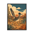A mid-century modern graphic art print of a Greater Roadrunner bird running through a Southwest desert landscape with saguaro cacti, flat-topped mesas, and a warm terracotta sun.