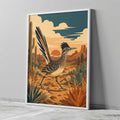 A mid-century modern graphic art print of a Greater Roadrunner bird running through a Southwest desert landscape with saguaro cacti, flat-topped mesas, and a warm terracotta sun.