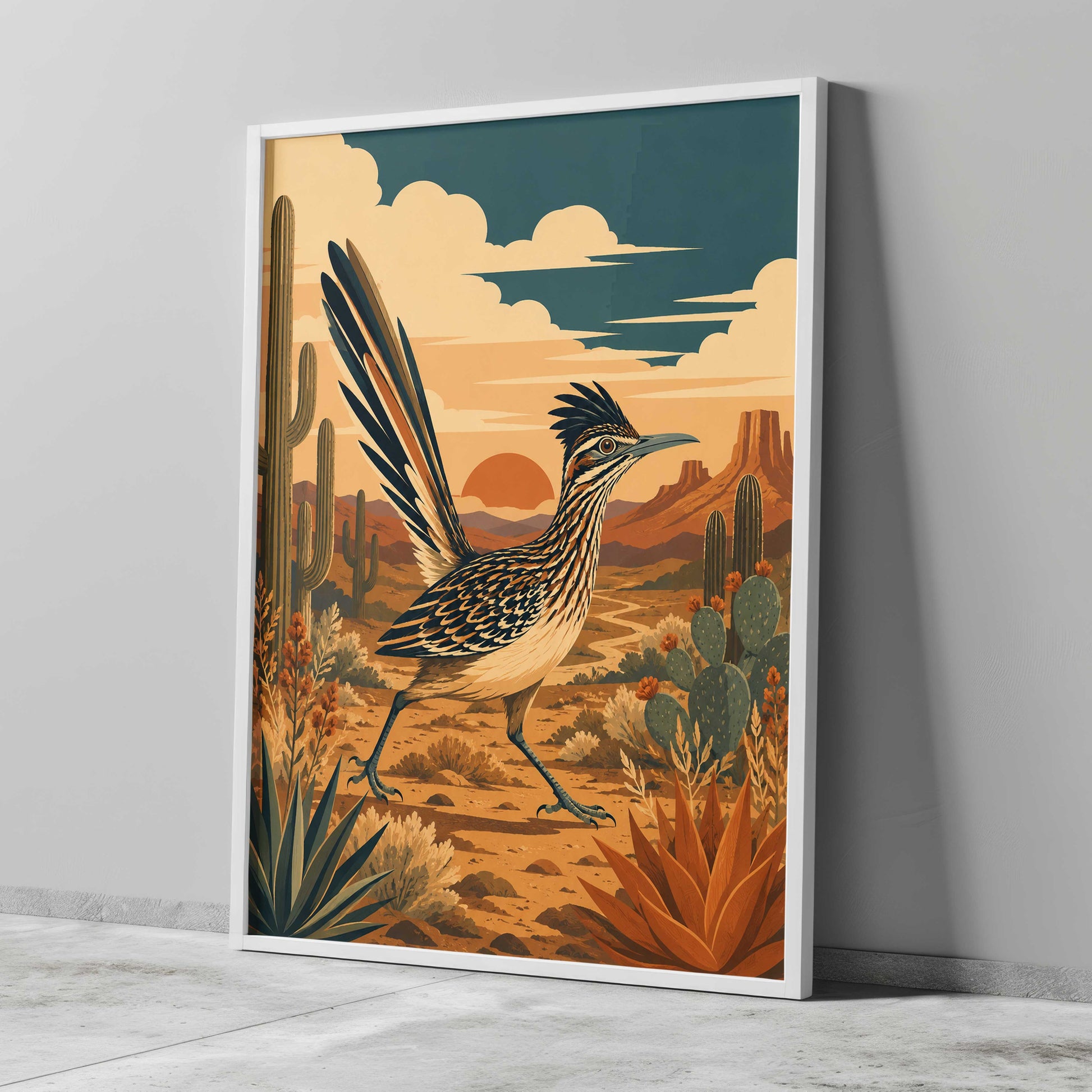 A mid-century modern graphic art print of a Greater Roadrunner bird running through a Southwest desert landscape with saguaro cacti, flat-topped mesas, and a warm terracotta sun.