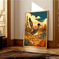 A mid-century modern graphic art print of a Greater Roadrunner bird running through a Southwest desert landscape with saguaro cacti, flat-topped mesas, and a warm terracotta sun.