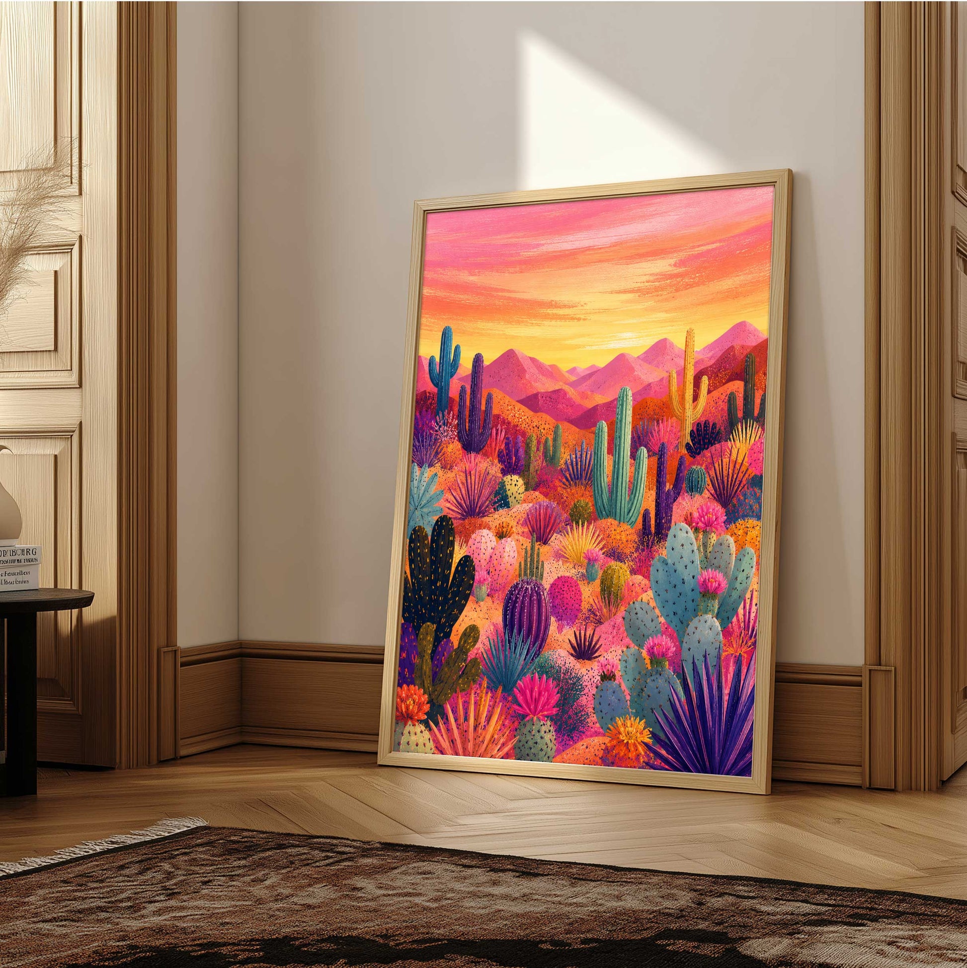 Colorful Arizona Desert Wall Art featuring vibrant cactus plants, desert wildflowers and rolling Southwest landscapes