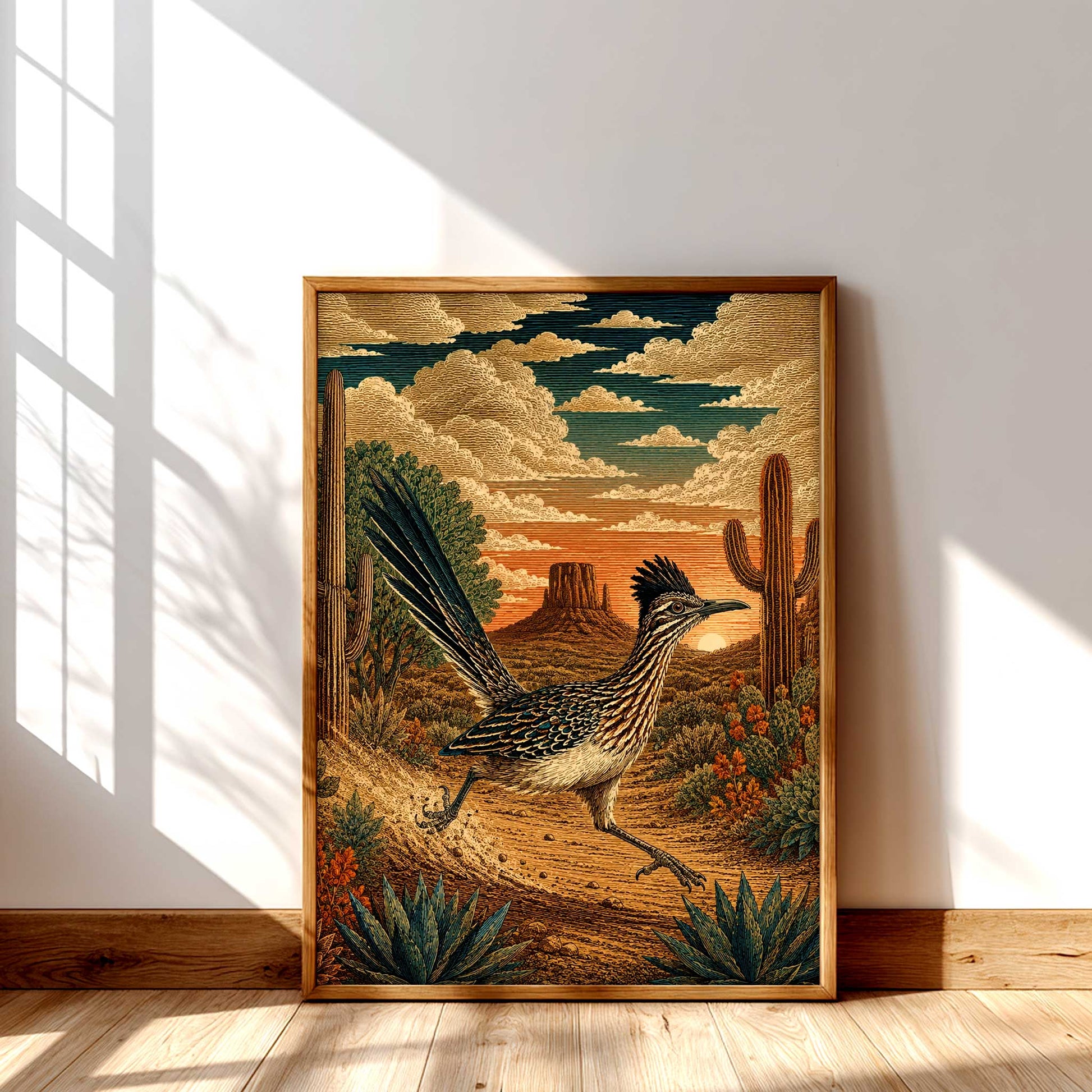 Roadrunner print in a Southwest desert landscape with saguaro cacti, Arizona wildlife wall art and Sonoran Desert decor.