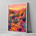Colourful Roadrunner print with cactus plants, desert flowers and vibrant Arizona landscape in Southwest style.