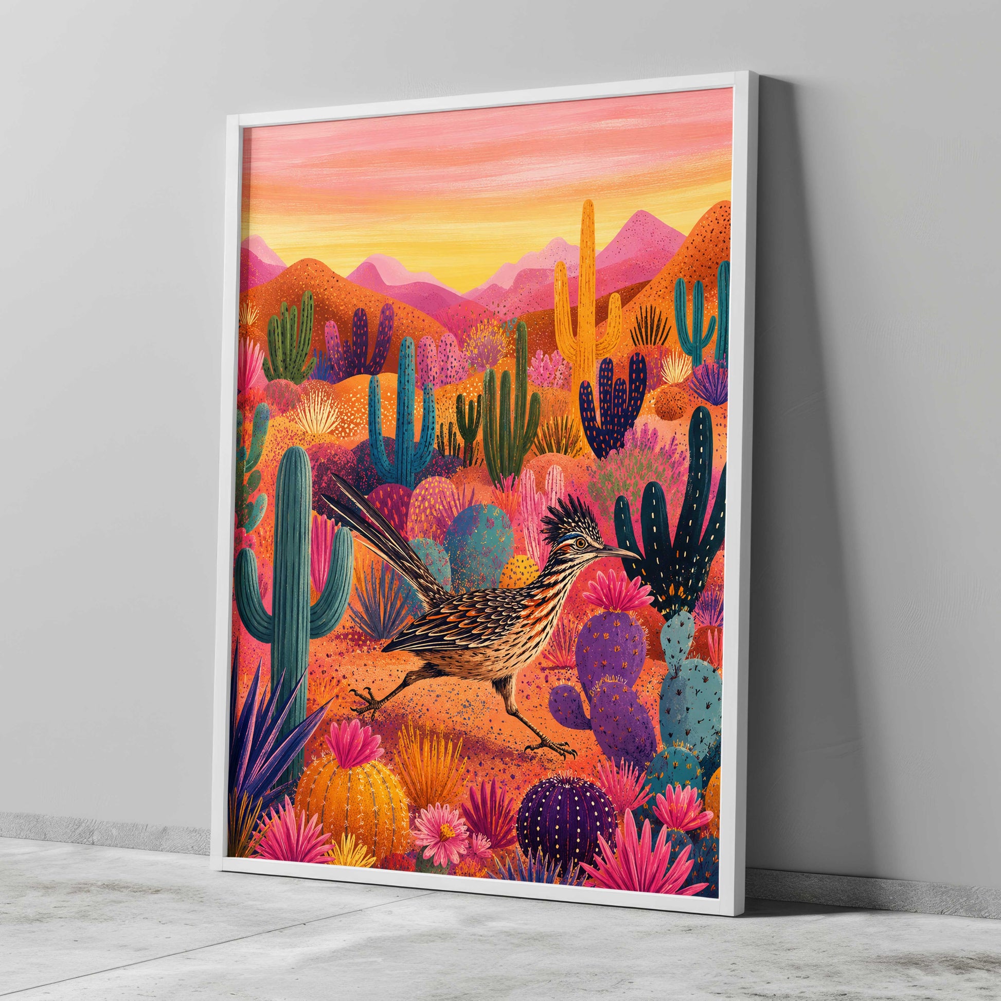 Colourful Roadrunner print with cactus plants, desert flowers and vibrant Arizona landscape in Southwest style.
