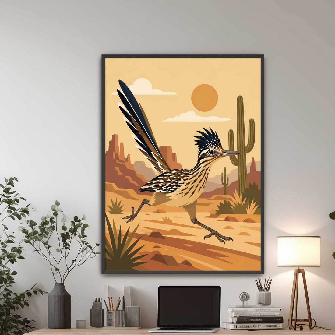 Greater Roadrunner desert art print. Features a mid-century modern running bird illustration with a terracotta cactus landscape. Perfect Southwestern boho wall decor