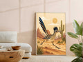 retro Greater Roadrunner desert art print. Features a mid-century modern running bird illustration with a terracotta cactus landscape.
