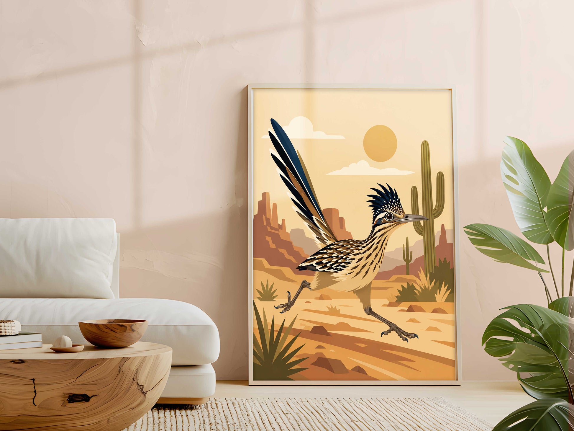 retro Greater Roadrunner desert art print. Features a mid-century modern running bird illustration with a terracotta cactus landscape.