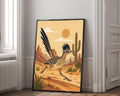 retro Greater Roadrunner desert art print. Features a mid-century modern running bird illustration with a terracotta cactus landscape.