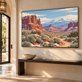 Southwestern desert landscape wall art with red rock canyons, snow-capped mountains and sagebrush in a colourful retro illustration