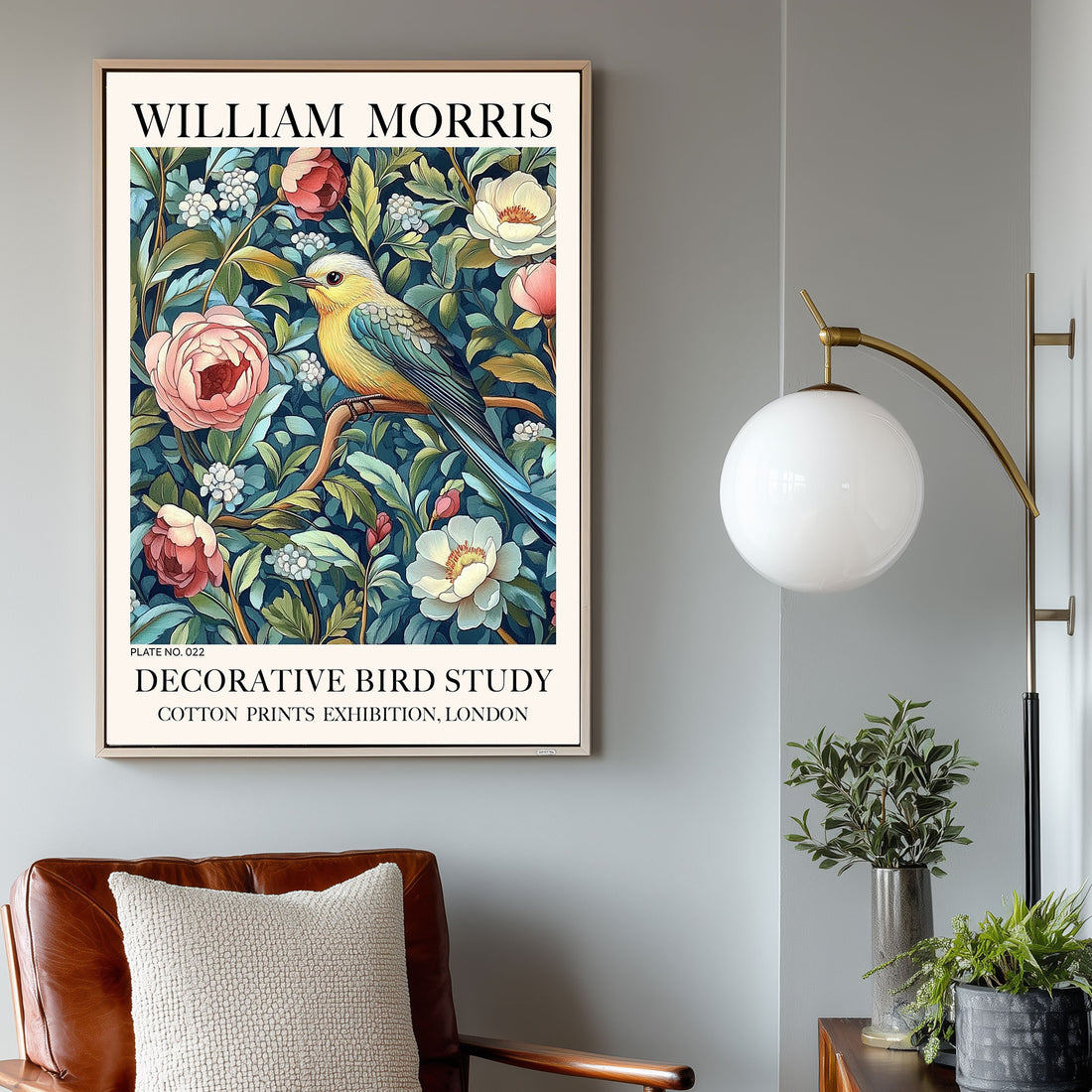Robin Bird Wall Art Print featuring a decorative bird motif surrounded by floral elements.
Designed in a William Morris ornamental style, combining floral botanical design with classic pattern detail.
