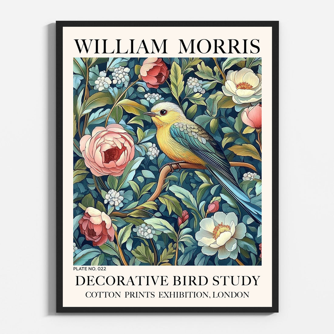 Robin Bird Wall Art Print featuring a decorative bird motif surrounded by floral elements.
Designed in a William Morris ornamental style, combining floral botanical design with classic pattern detail.