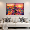 Southwest wall art set featuring a roadrunner print and colourful Arizona desert landscape.