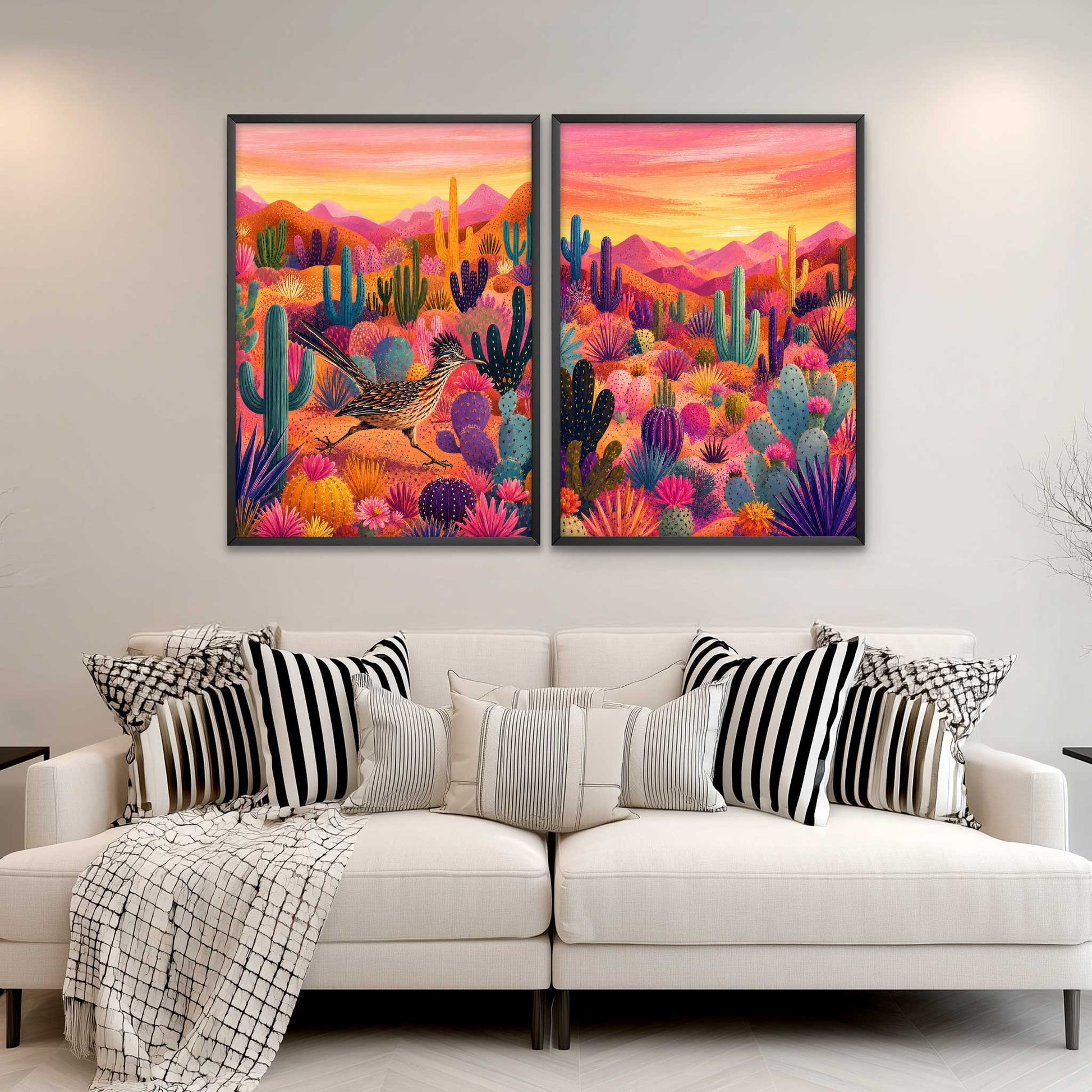 Southwest wall art set featuring a roadrunner print and colourful Arizona desert landscape.