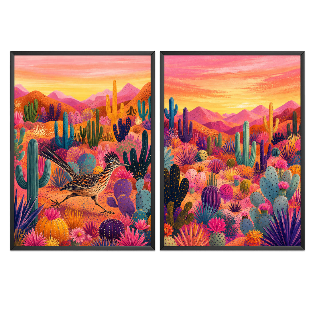 Southwest wall art set featuring a roadrunner print and colourful Arizona desert landscape.