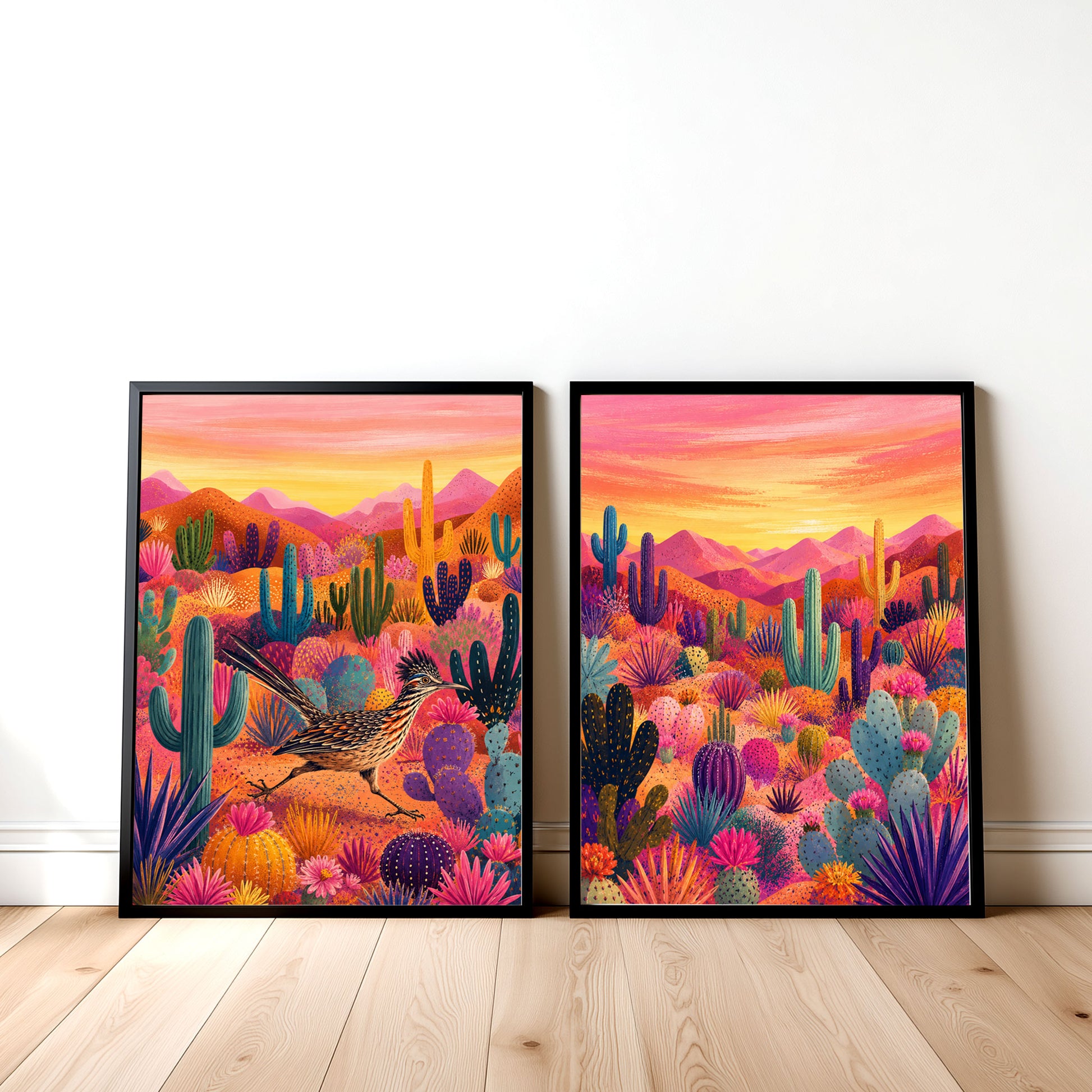Southwest wall art set featuring a roadrunner print and colourful Arizona desert landscape.